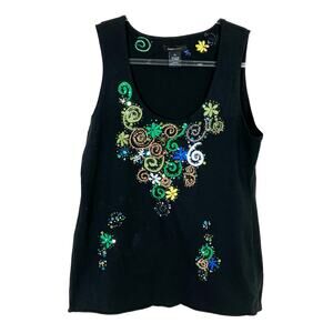 BCBGMaxAzria Black Sequin Swirl Embroidered Tank Top Scoop Neck Womens XL